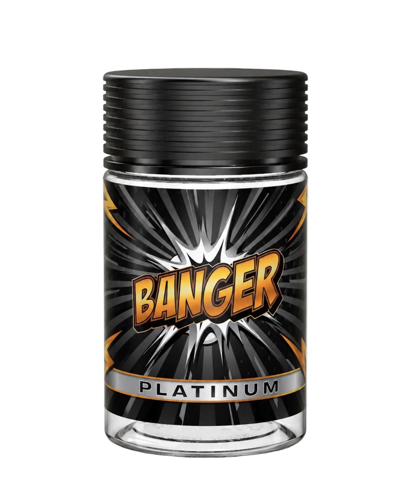 A clear cylindrical bottle with a black ribbed screw cap and a black label featuring the word 'BANGER' in large orange-yellow lettering over a burst graphic, with 'PLATINUM' on a silver band below. The bottle is centered on a light gray background.