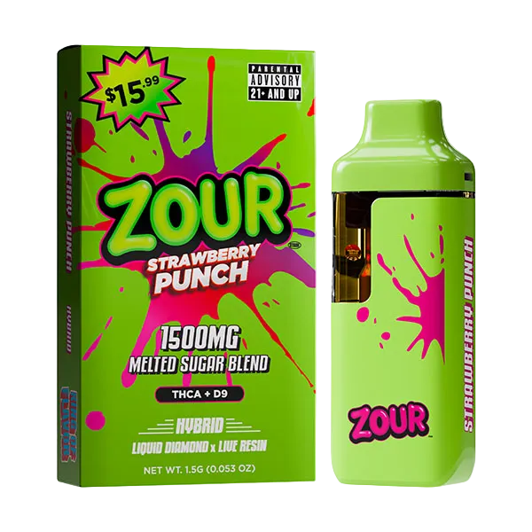 Zour Strawberry Punch disposable vape device next to its retail packaging box. The device and box are bright lime green with a pink and purple paint splatter design, featuring the ZOUR brand logo and product details including 1500mg strength.
