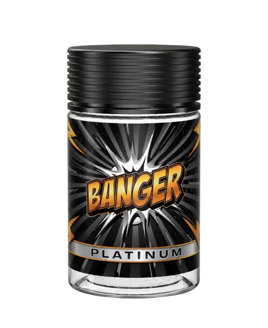 A clear cylindrical bottle with a black ribbed screw cap and a black label featuring the word 'BANGER' in large orange-yellow lettering over a burst graphic, with 'PLATINUM' on a silver band below. The bottle is centered on a light gray background.