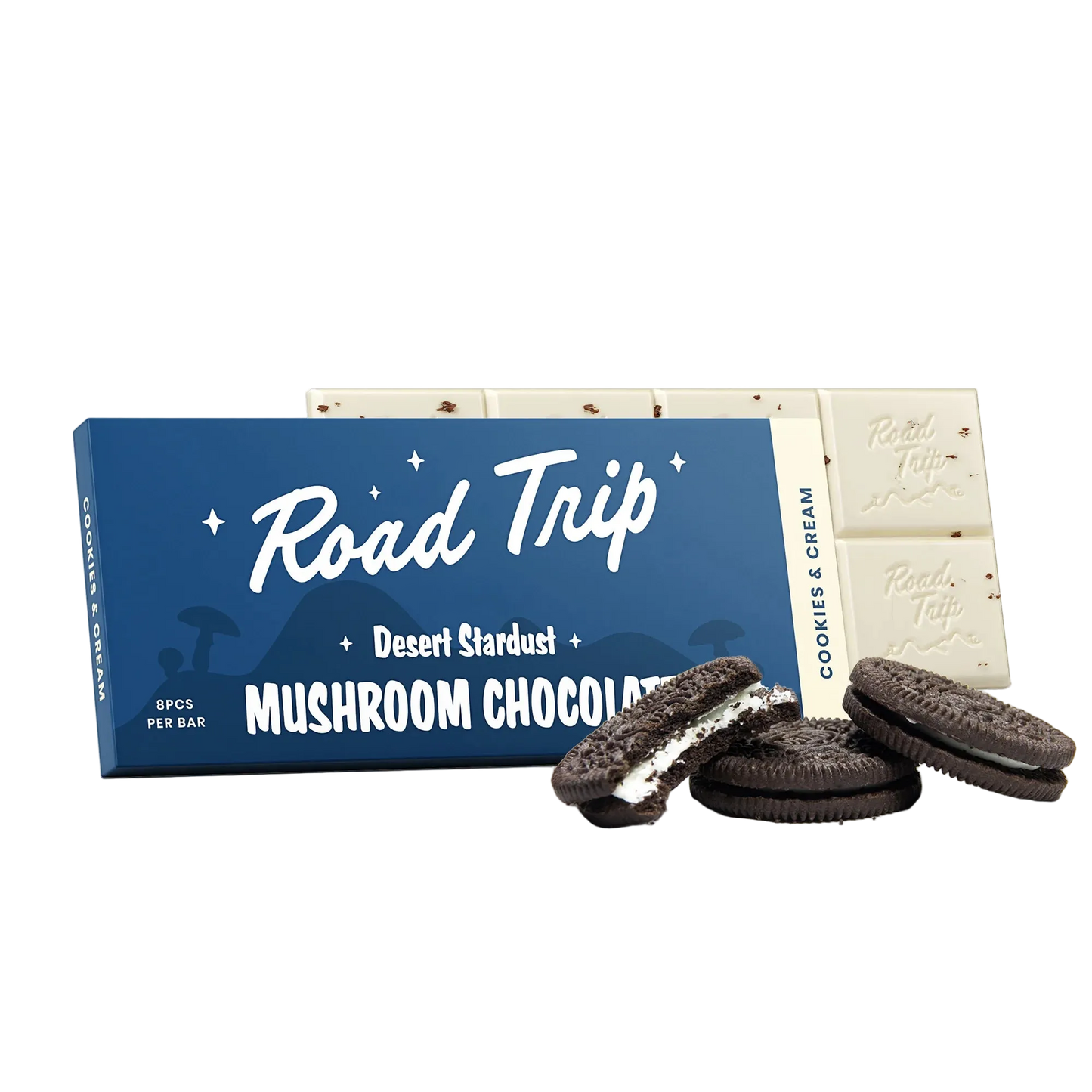 Mushroom chocolate bar with packaging labeled 'Road Trip' on a white background