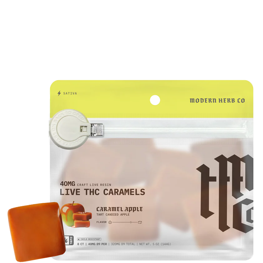 A clear resealable pouch package of Modern Herb Co. Live THC Caramels in Caramel Apple flavor, with an orange-brown caramel piece shown in front on a white background.