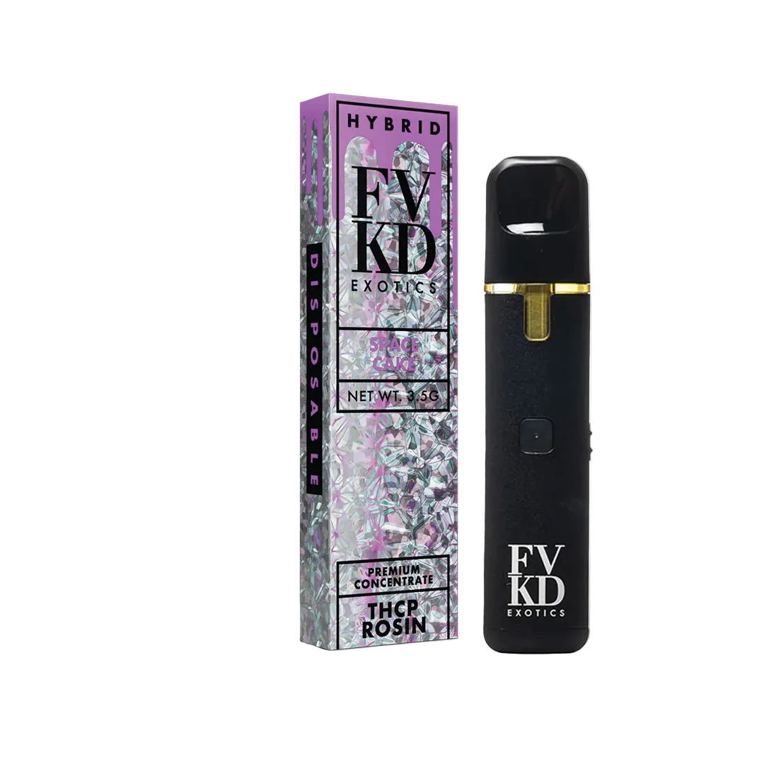 FV KD Exotics disposable vape device in black with a gold accent band, standing next to its purple and white patterned packaging box on a white background.