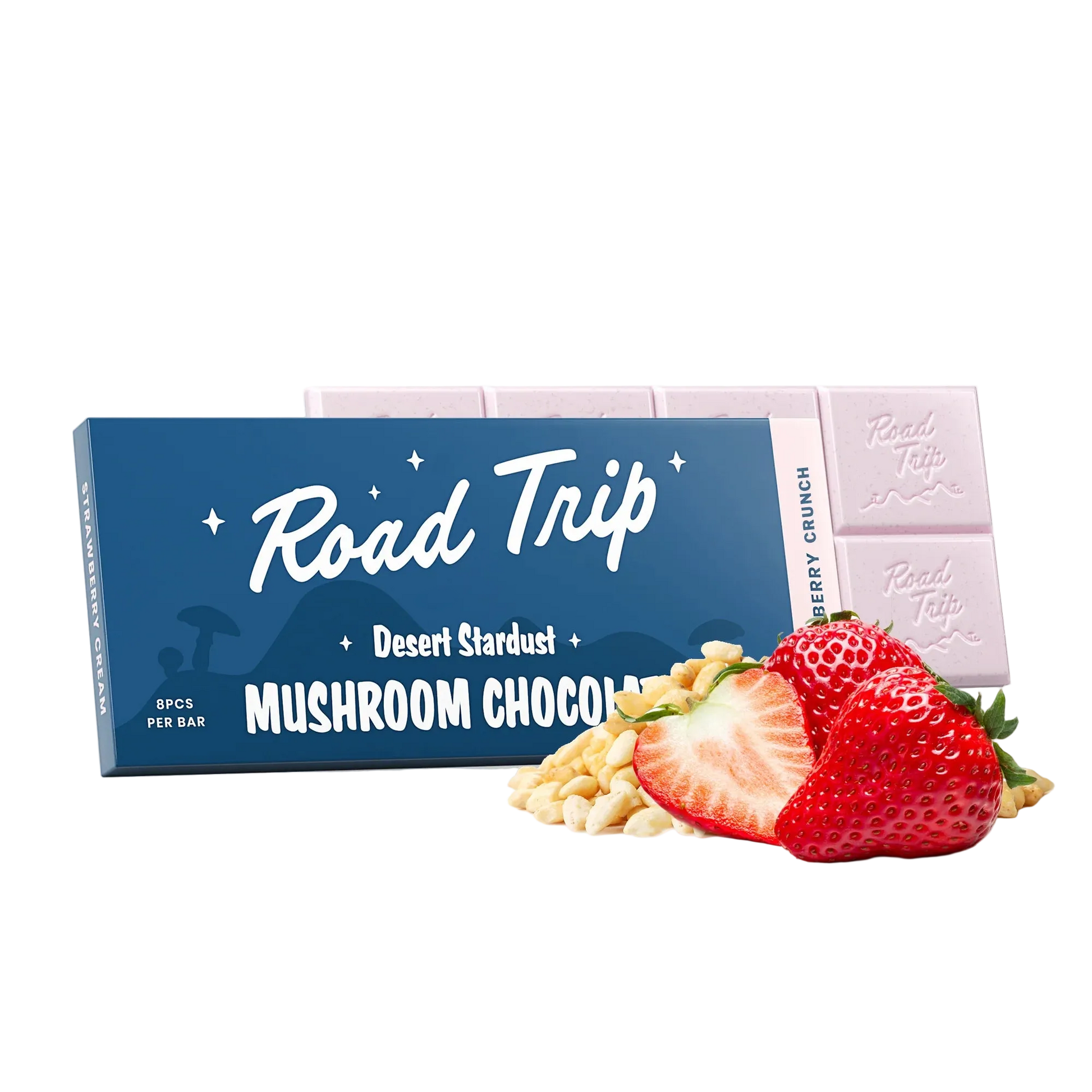 Mushroom chocolate bar with a strawberry and white chocolate chips on a white background