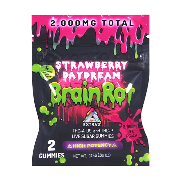 Strawberry Daydream Brain Rot gummies packaging with colorful text and graphics.