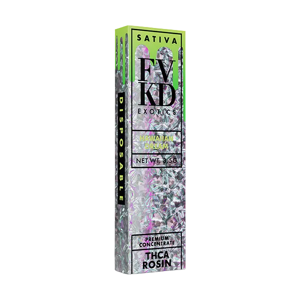 FV KD Exotics Sativa disposable vape packaging on a white background