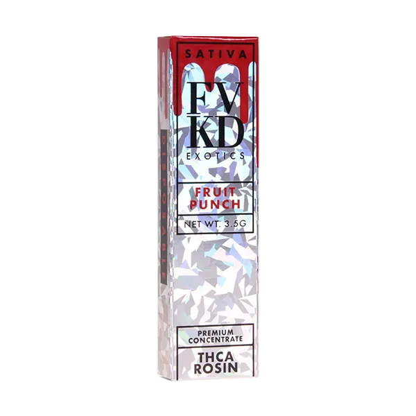 A tall rectangular box of FVKD Exotics Sativa Fruit Punch Premium Concentrate THCA Rosin, featuring a silver and white leaf pattern with red and black text, on a plain white background. 