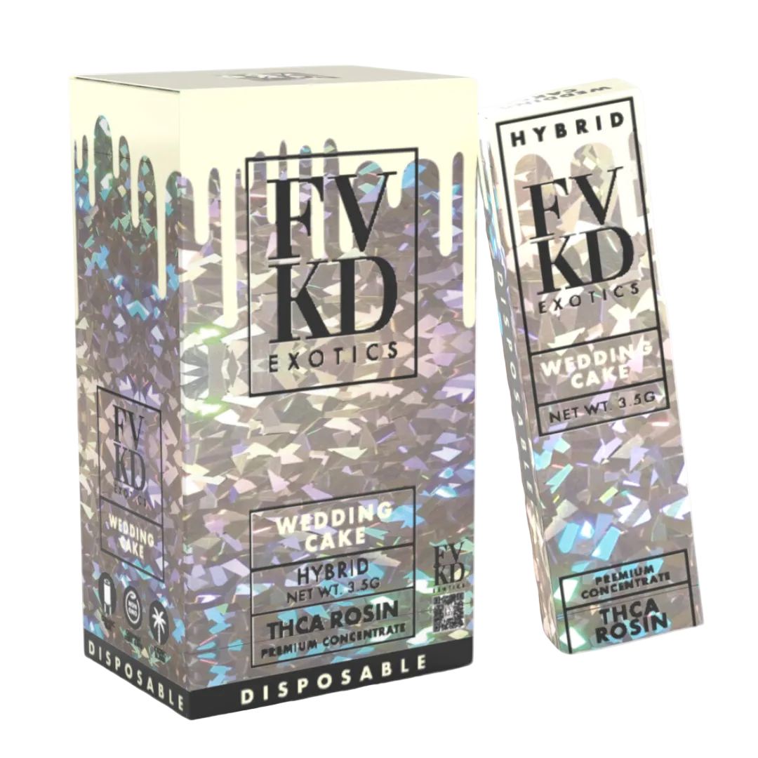 FV KD Exotics Wedding Cake disposable vape packaging, featuring a 3.5g hybrid THCA rosin vape product and its matching box with a holographic silver and purple drip design on a white background. 