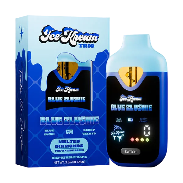 Ice Khunn Trio Blue Zlushie disposable vape and its retail packaging box, featuring a blue and black color scheme with a digital display showing a count of 18.