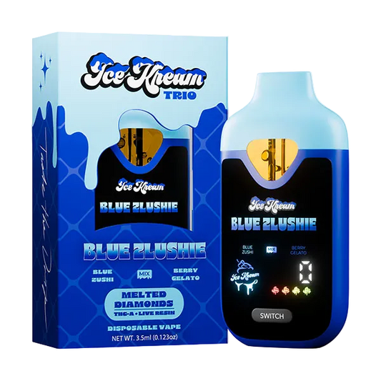 Ice Khunn Trio Blue Zlushie disposable vape and its retail packaging box, featuring a blue and black color scheme with a digital display showing a count of 18.
