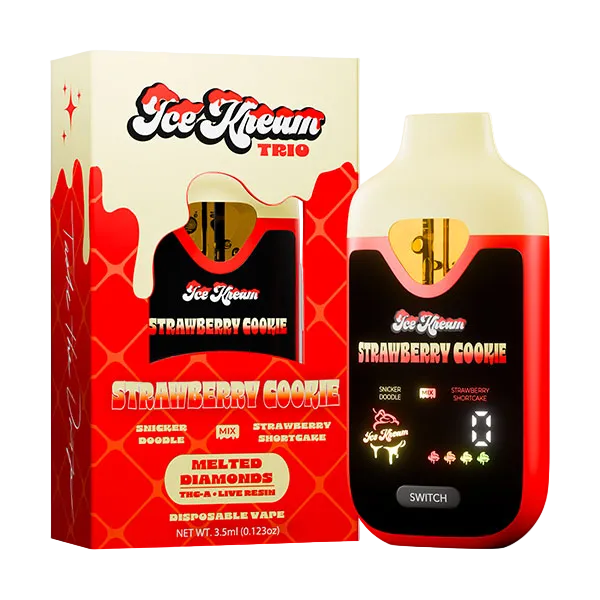 Ice Klean Trio Strawberry Cookie disposable vape and its retail packaging box, featuring a red and cream color scheme with a digital screen on the vape device.
