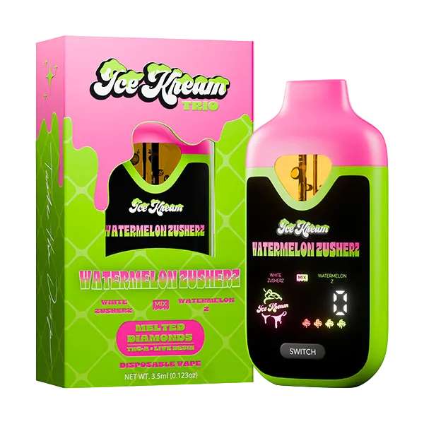 Ice Kream Watermelon Rushz2 disposable vape device next to its pink and green packaging box, featuring a bright pink mouthpiece and a black screen with colorful graphics.