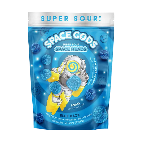 Packaging of Space Gods Super Sour Space Heads gummies with an astronaut illustration on a blue background.