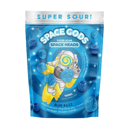 Packaging of Space Gods Super Sour Space Heads gummies with an astronaut illustration on a blue background.