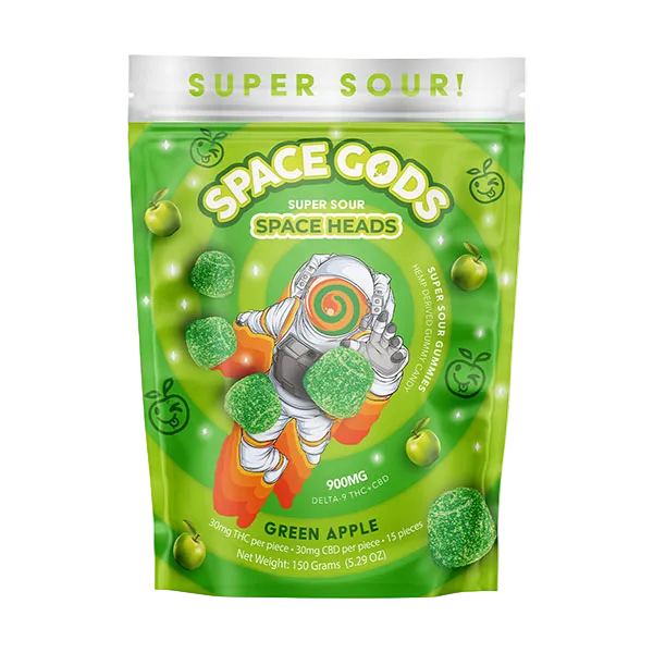 Green package of Space Gods Super Sour Space Heads with an astronaut graphic on a white background