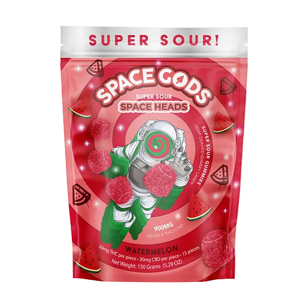 Red packaging of Space Gods Super Sour Space Heads gummy bears with an astronaut graphic on a white background.