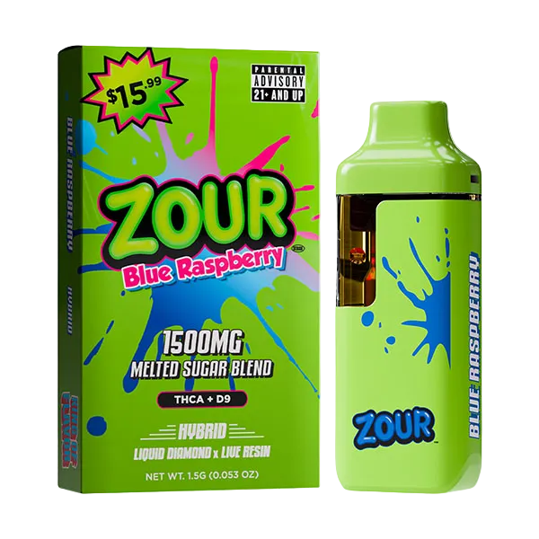 Zour Blue Raspberry disposable vape device next to its retail packaging box on a plain white background.