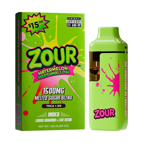 Zour Watermelon Marshmallow disposable vape device next to its green packaging box on a white background.